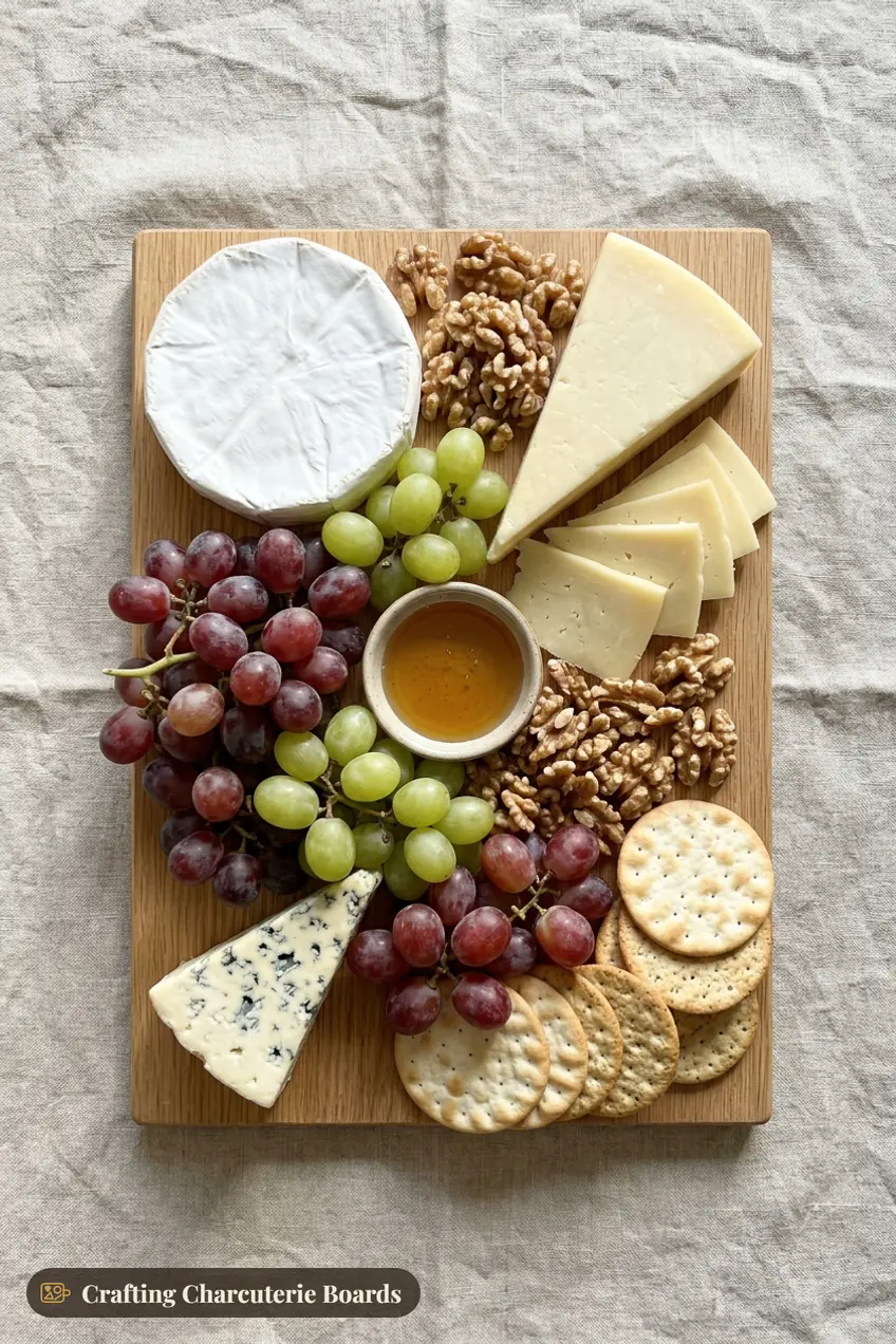 Small wine and cheese board with brie, aged cheddar, blue cheese, grapes, walnuts, honey and crackers