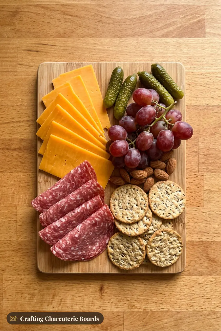 Snack board for one with cheddar, salami, grapes, cornichons, almonds and crackers