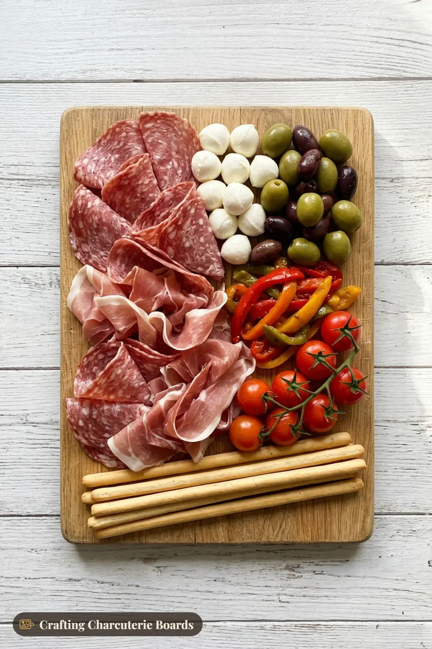 Small antipasto board with salami, prosciutto, mozzarella balls, olives, roasted peppers, tomatoes and breadsticks
