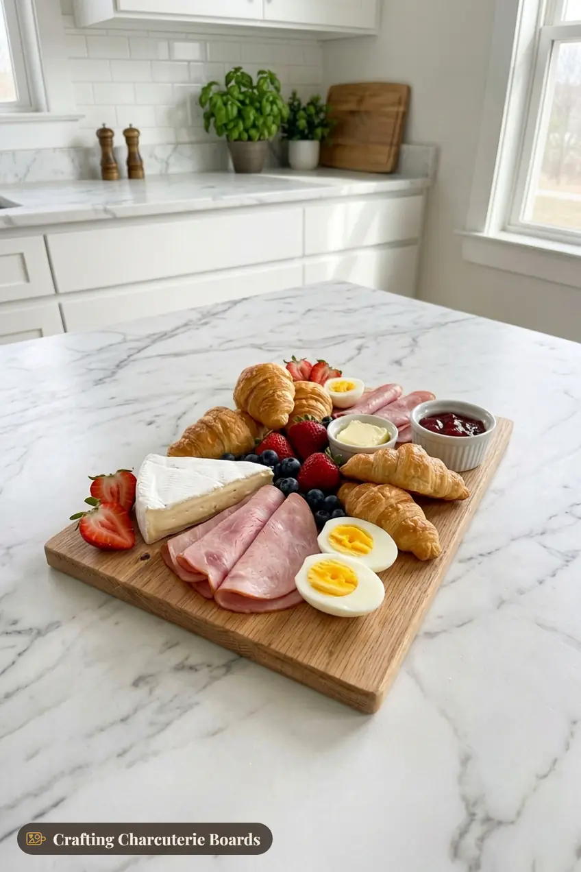 Small brunch board for two with mini croissants, brie, ham, hard-boiled eggs, strawberries, blueberries, butter and jam