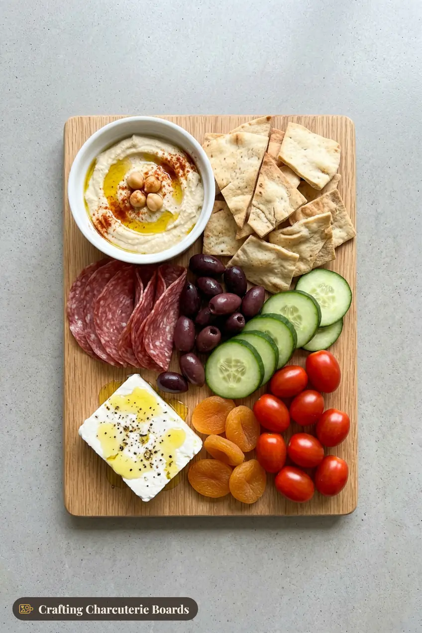 Small Mediterranean board with feta, hummus, salami, Kalamata olives, cucumber, tomatoes, apricots and pita chips