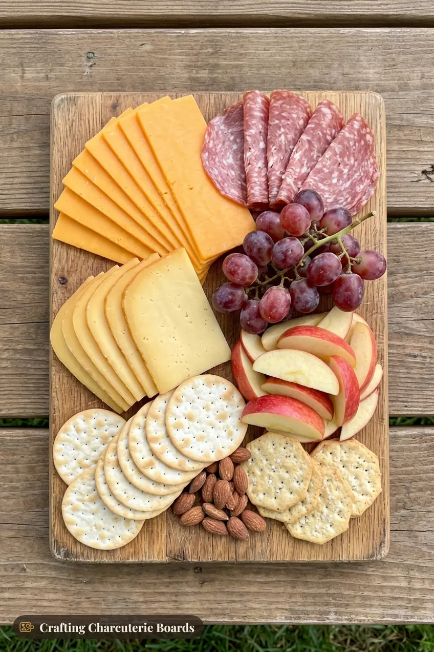 Small picnic charcuterie board with cheddar, gouda, salami, apples, grapes, almonds and crackers