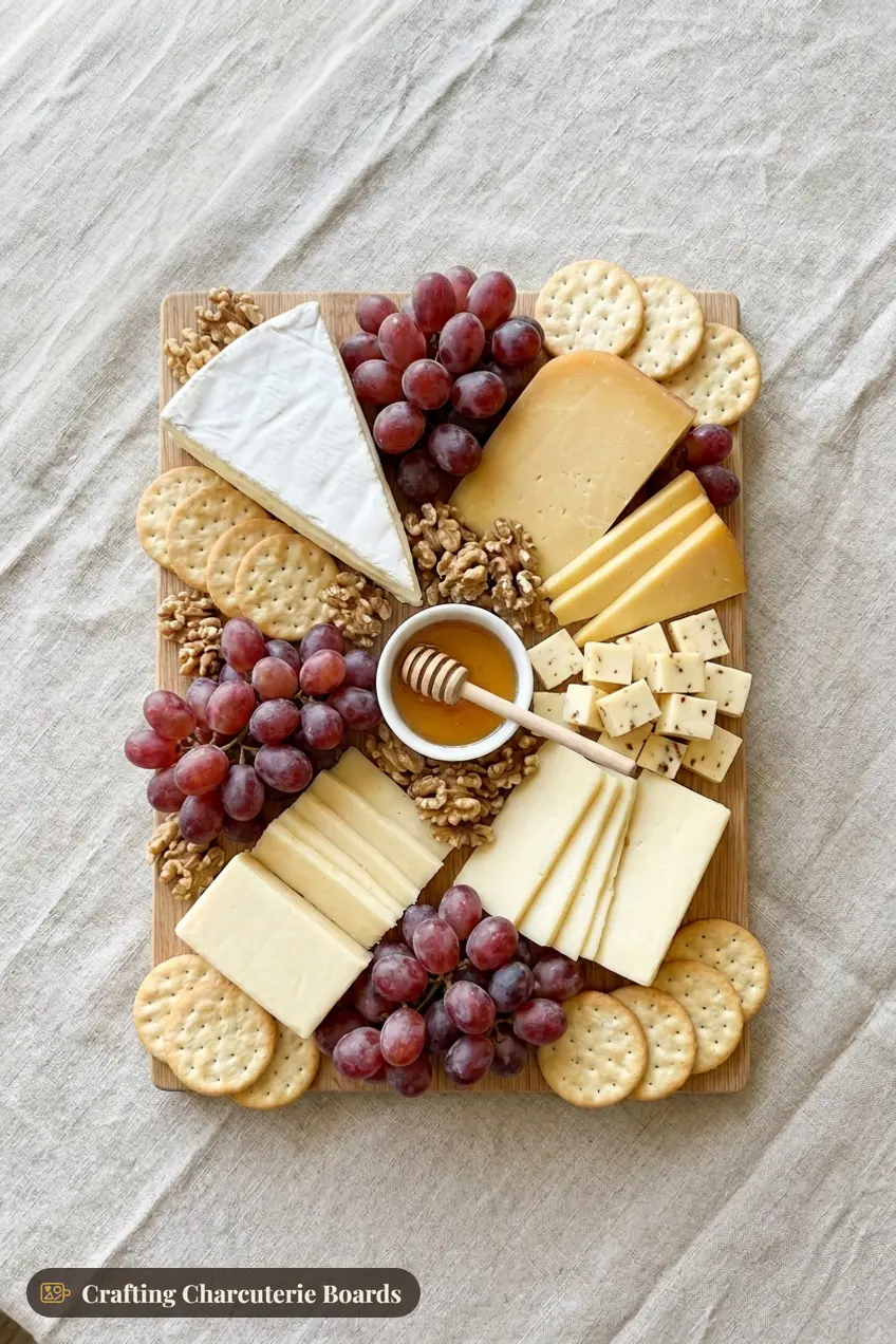 Small cheese lovers board with brie, gouda, white cheddar, Monterey Jack, pepper jack, grapes, walnuts, honey and crackers