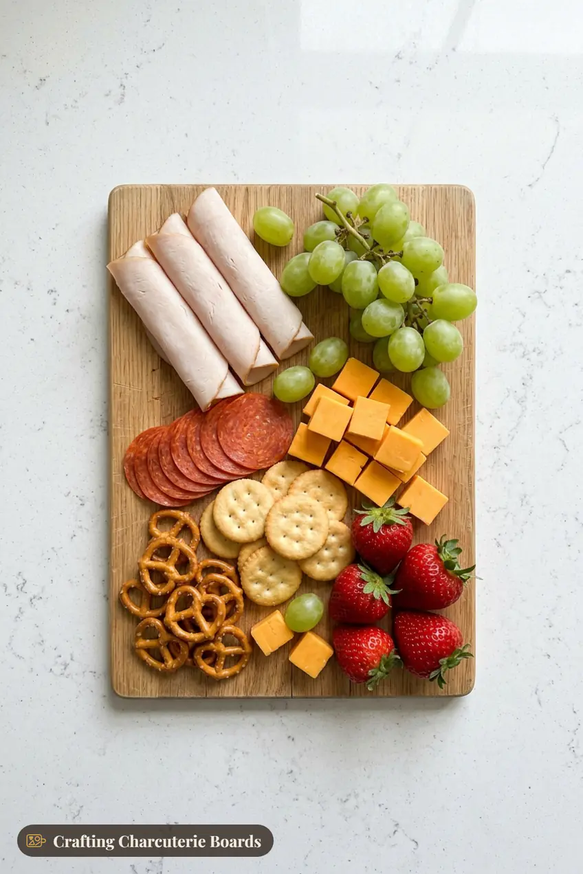 Small kids charcuterie board with rolled turkey, pepperoni, cheddar cubes, crackers, pretzels, grapes and strawberries