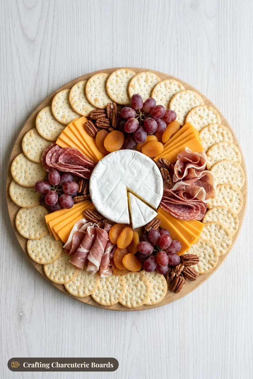 Small round charcuterie board with brie in the center, a ring of crackers, cheddar, salami, prosciutto, grapes and apricots