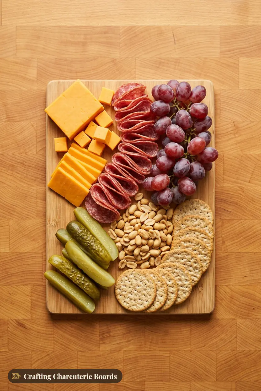 Budget small charcuterie board with cheddar, salami, grapes, pickles, peanuts and crackers