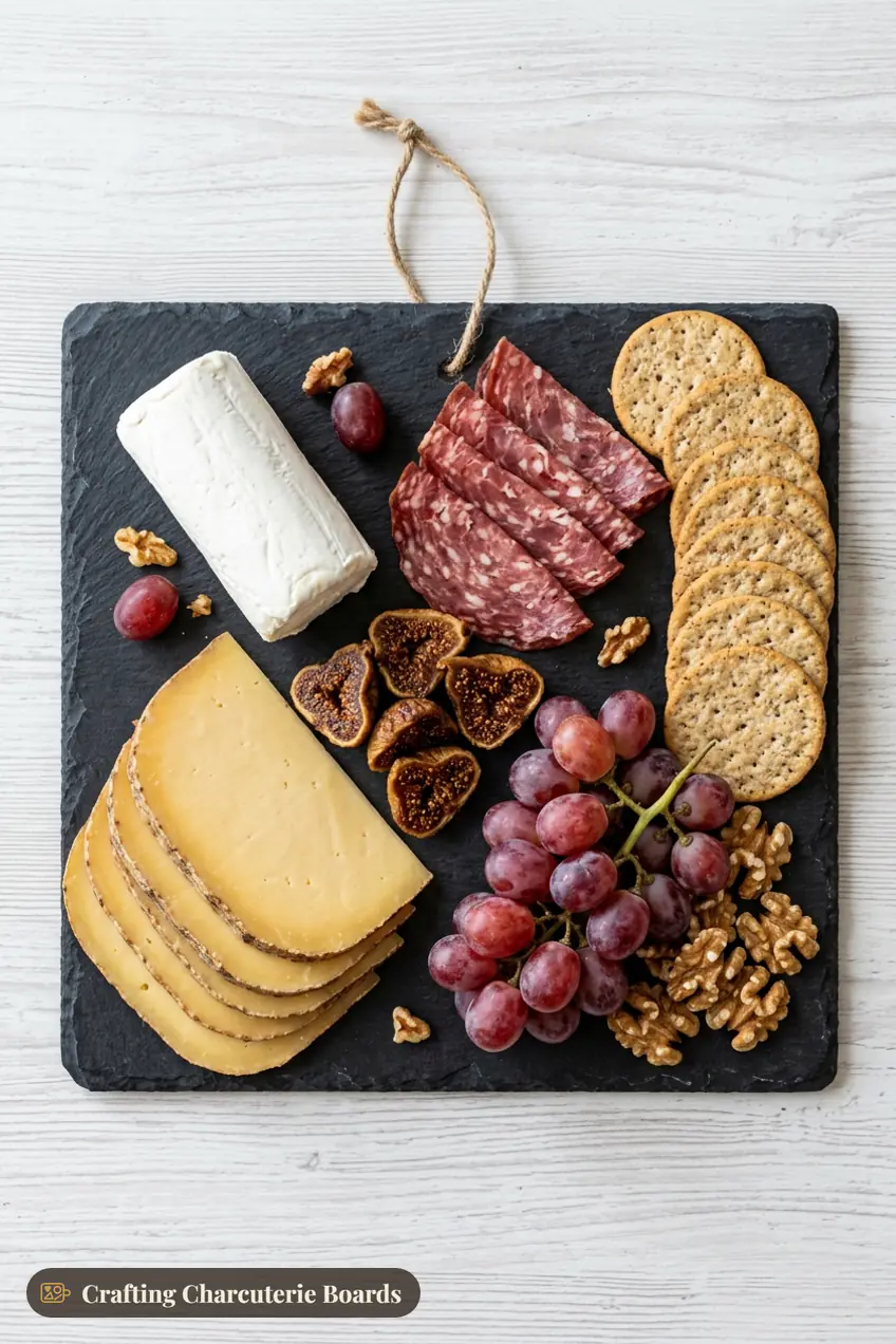 Small slate cheese board with goat cheese, gouda, soppressata, figs, grapes, walnuts and crackers