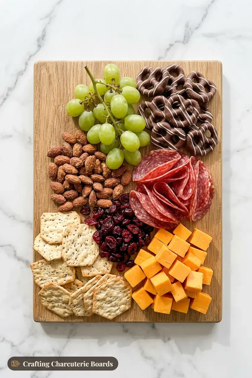 Sweet and salty small board with cheddar, salami, chocolate pretzels, honey-roasted almonds, cranberries and grapes