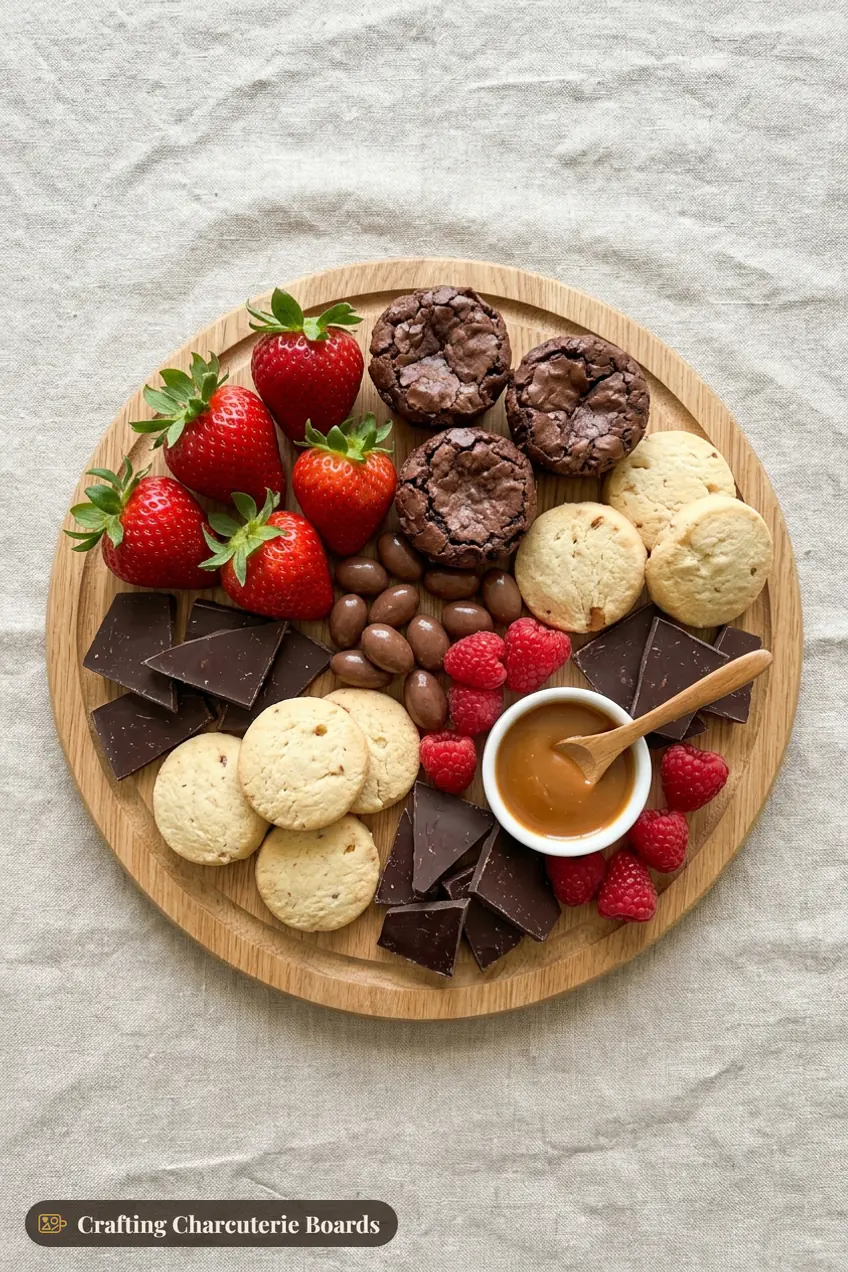 Small dessert board for two with strawberries, brownie bites, shortbread, dark chocolate, raspberries and caramel dip
