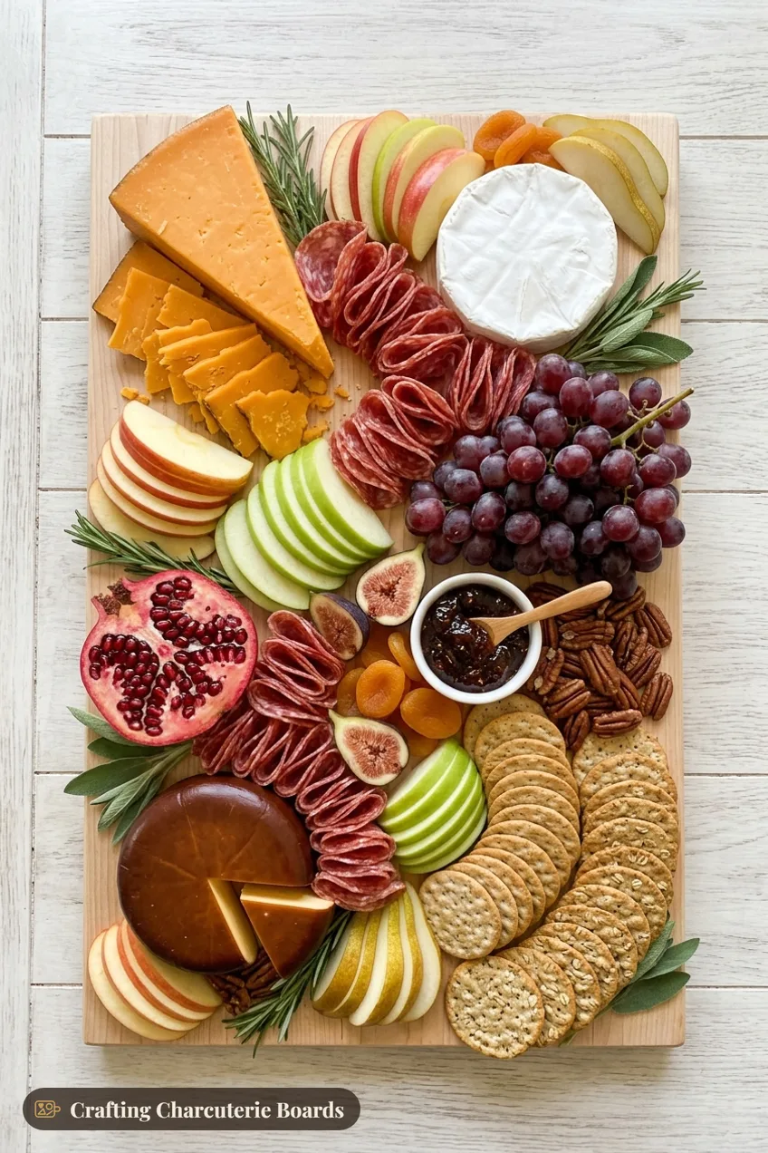 Thanksgiving charcuterie board with aged cheddar, smoked gouda, sliced apples and pears, red grapes, fig jam and pecans