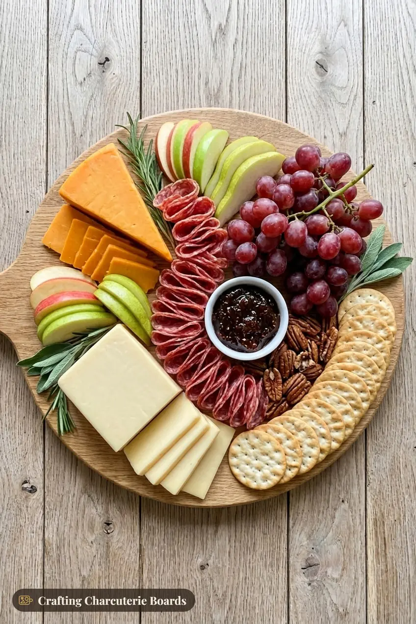Classic harvest charcuterie board with cheddar, smoked gouda, salami, apple and pear slices, grapes and fig jam