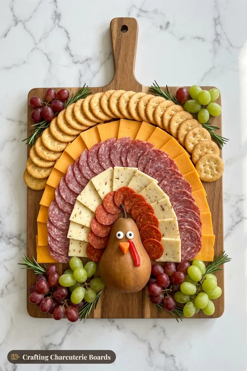 Turkey charcuterie board with a pear turkey face and fanned rows of crackers, cheddar, salami and pepperoni