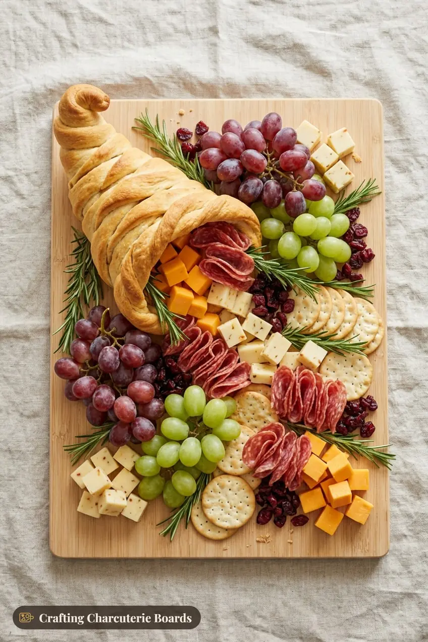 Cornucopia charcuterie board with a baked crescent dough horn spilling cheese cubes, salami, grapes and crackers