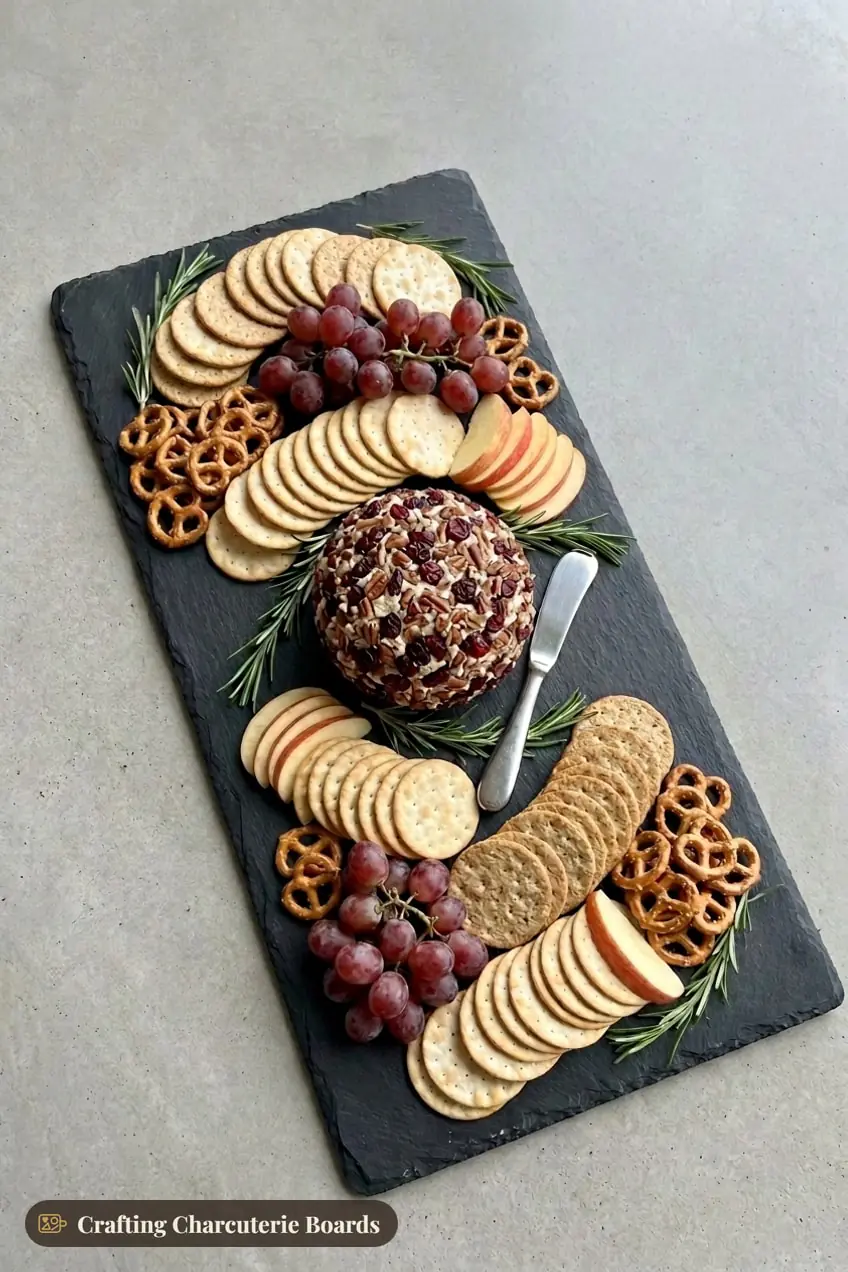 Cranberry pecan cheese ball on a board surrounded by crackers, pretzel crisps, apple slices and red grapes