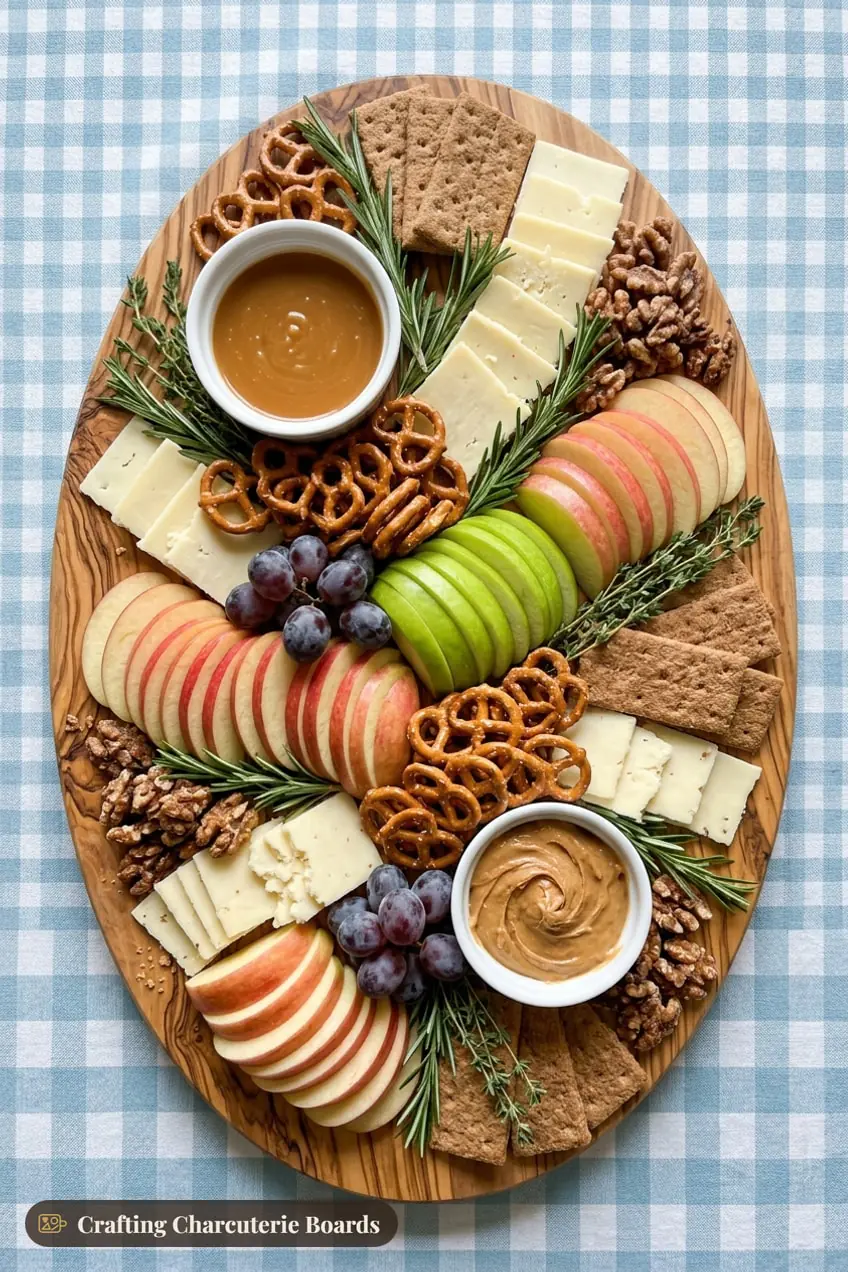 Apple orchard snack board with three kinds of sliced apples, white cheddar, caramel dip and peanut butter
