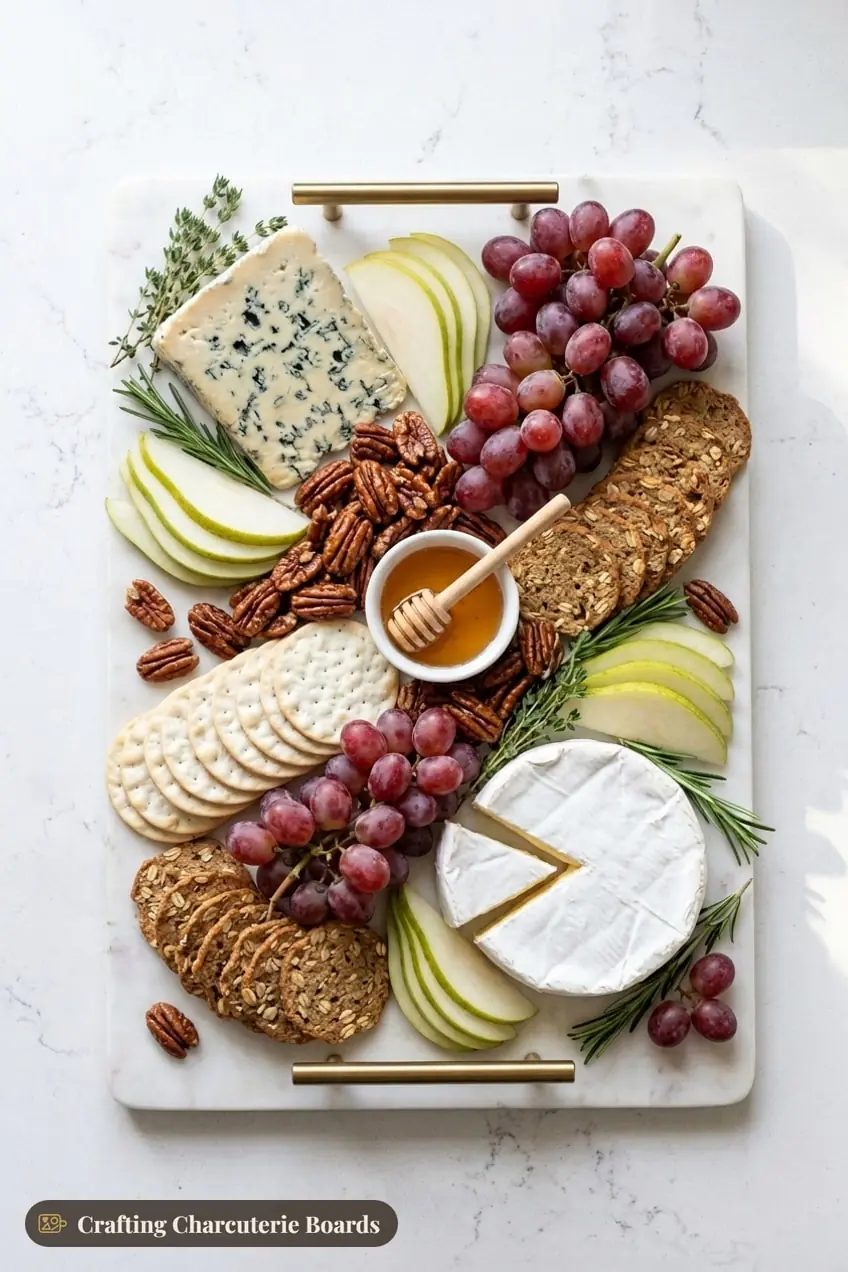 Fall cheese board with blue cheese, brie, honey, sliced pears, red grapes and maple-glazed pecans
