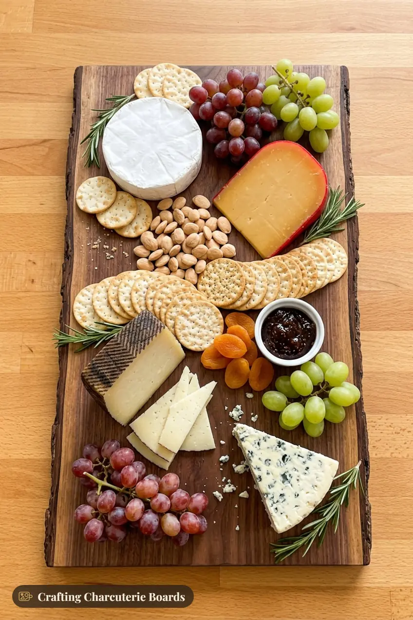 Thanksgiving cheese board with brie, gouda, manchego, blue cheese, fig jam, dried apricots and almonds