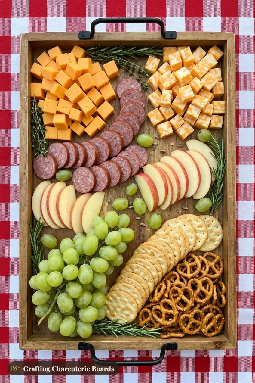 Budget Thanksgiving snack board with cheddar and Colby Jack cubes, summer sausage, apples, grapes and pretzels