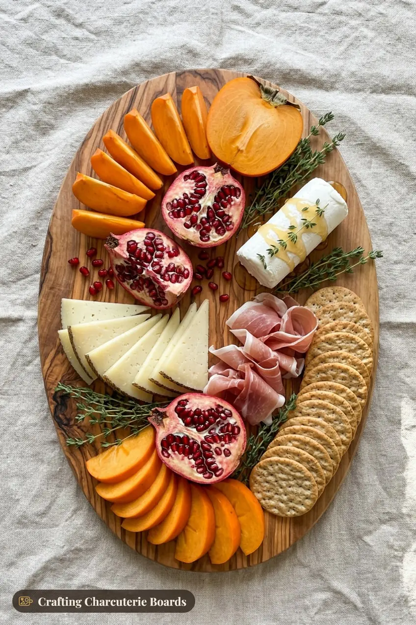 Fall charcuterie board with sliced persimmons, pomegranate halves, prosciutto, manchego and honey goat cheese