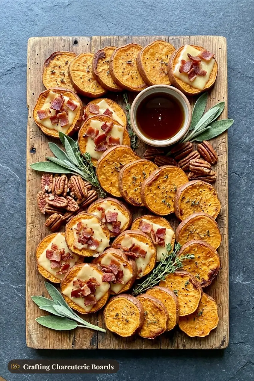 Roasted sweet potato rounds topped with smoked gouda and bacon on a board with maple syrup and pecans