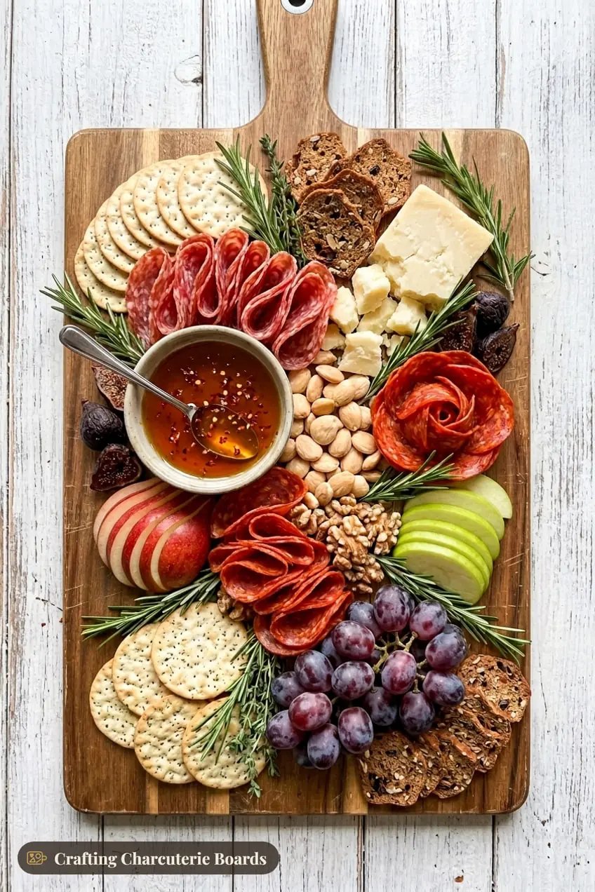 Hot honey charcuterie board with aged white cheddar, spicy salami, pepperoni, apple slices, grapes and dried figs