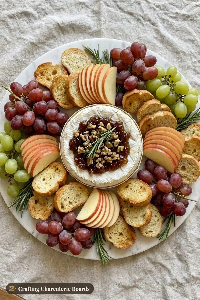 Baked brie topped with fig jam and walnuts, surrounded by toasted baguette slices, apples and grapes