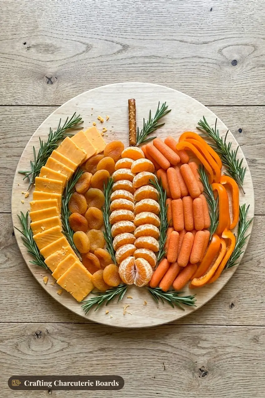 Pumpkin-shaped charcuterie board made of orange cheddar, dried apricots, clementines, carrots and bell peppers