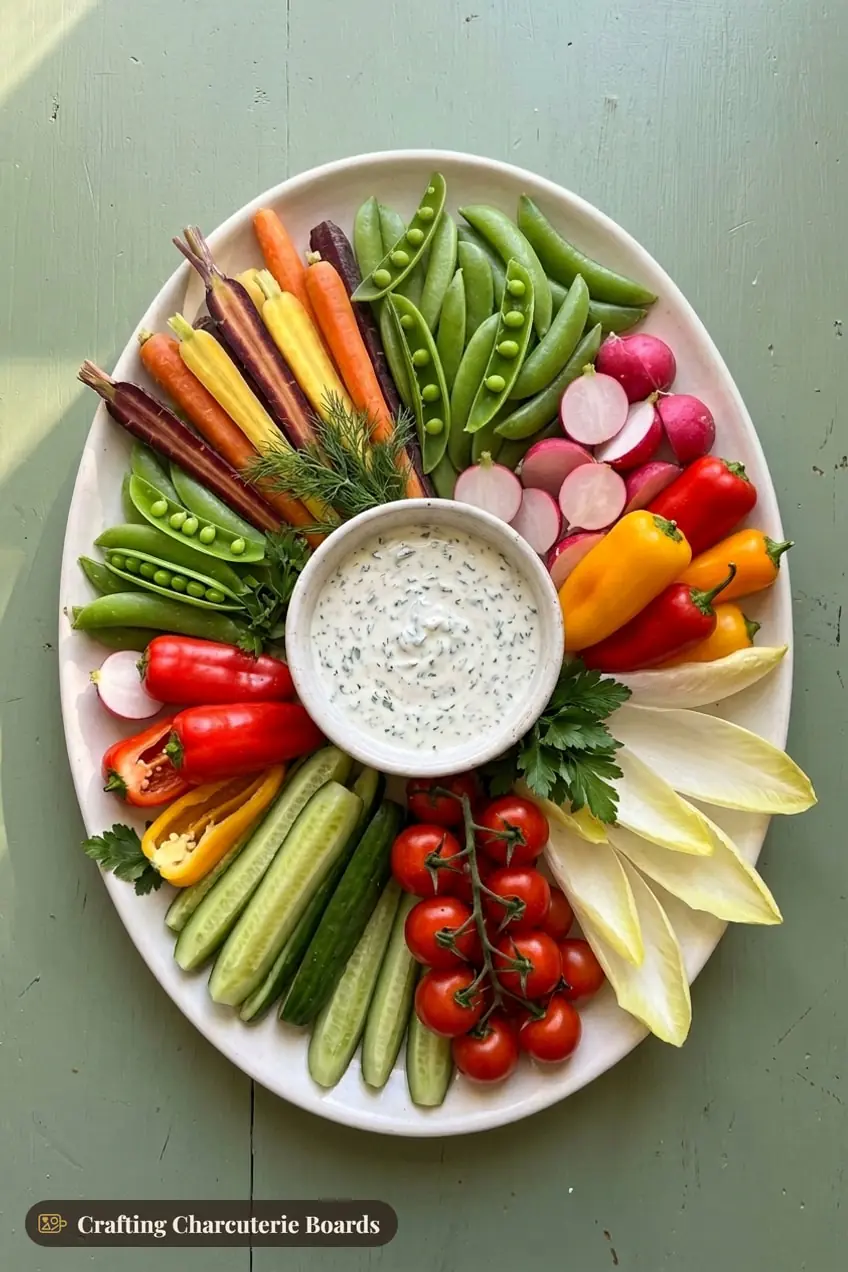 Thanksgiving veggie board with herb dip, rainbow carrots, snap peas, radishes, mini peppers and endive
