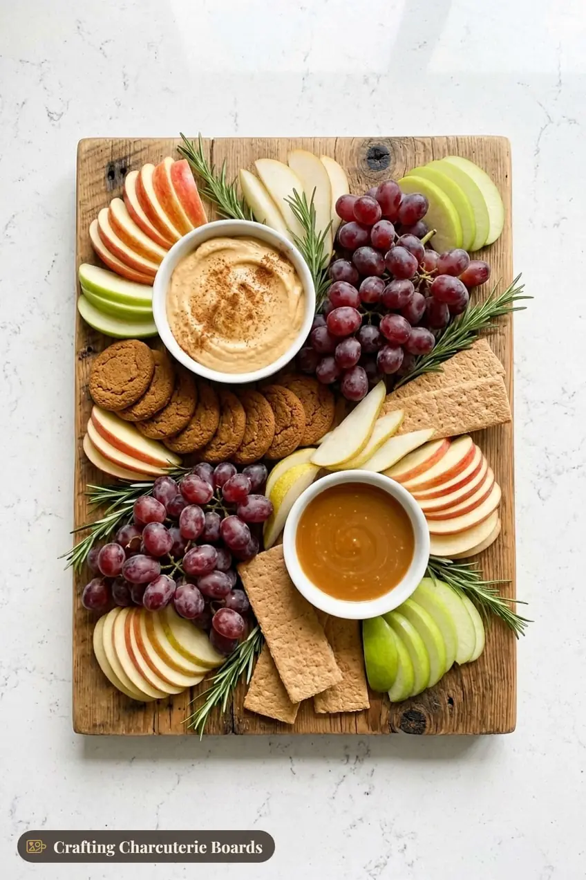 Fall fruit board with pumpkin pie dip, caramel, apple and pear slices, grapes, gingersnaps and graham crackers