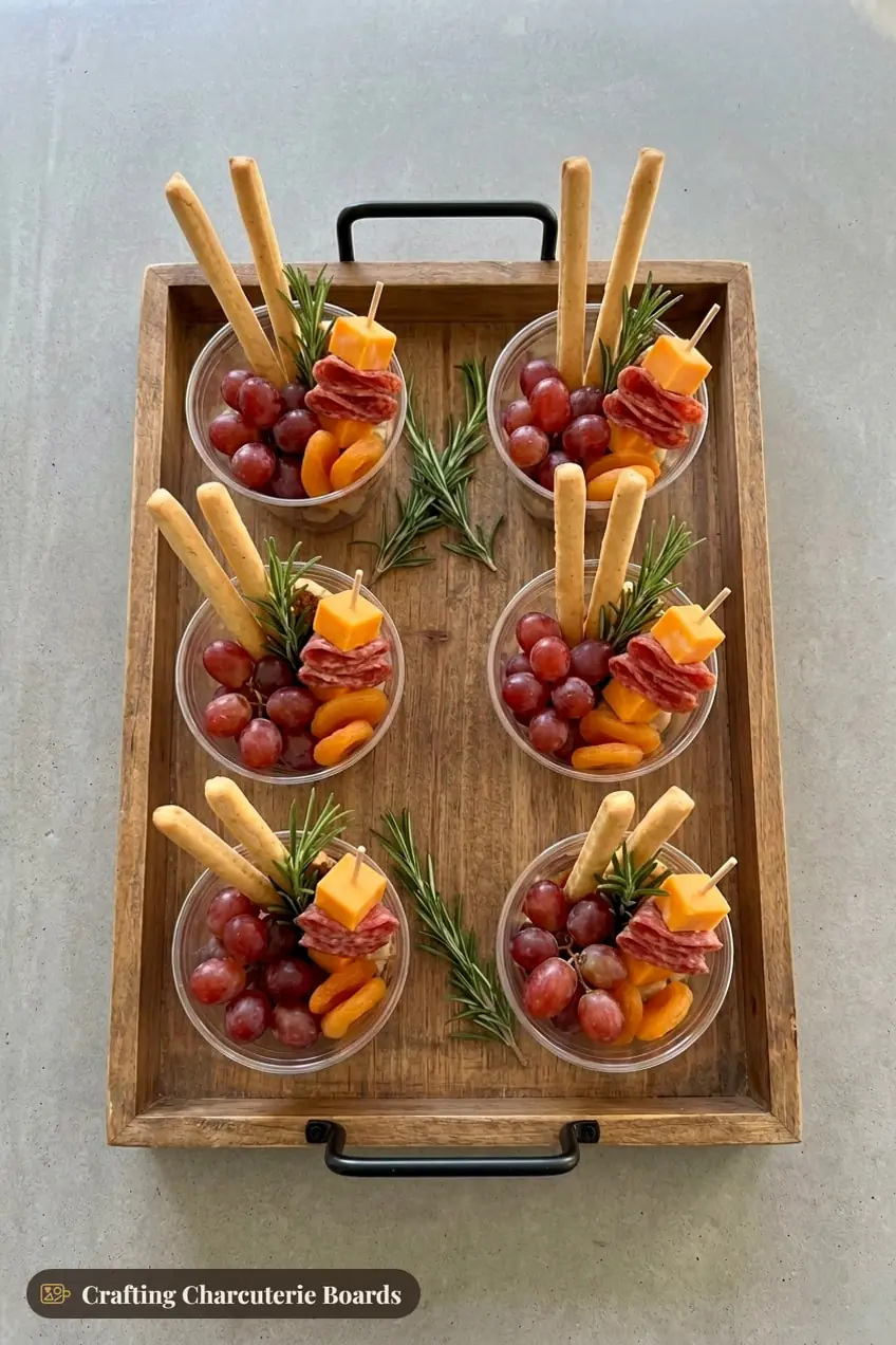 Thanksgiving charcuterie cups with breadsticks, cheddar and salami skewers, grapes and dried apricots