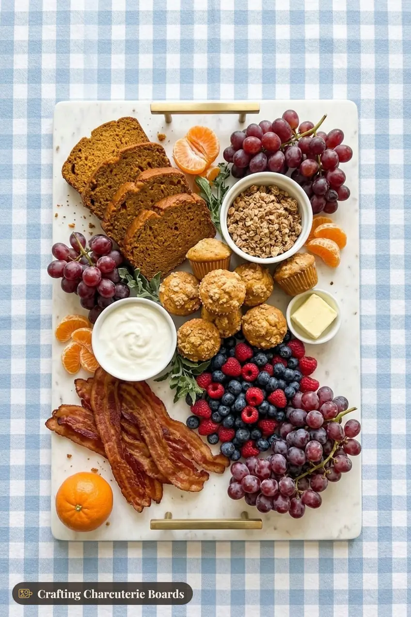 Thanksgiving breakfast board with pumpkin bread, mini muffins, yogurt, granola, bacon and fresh fruit