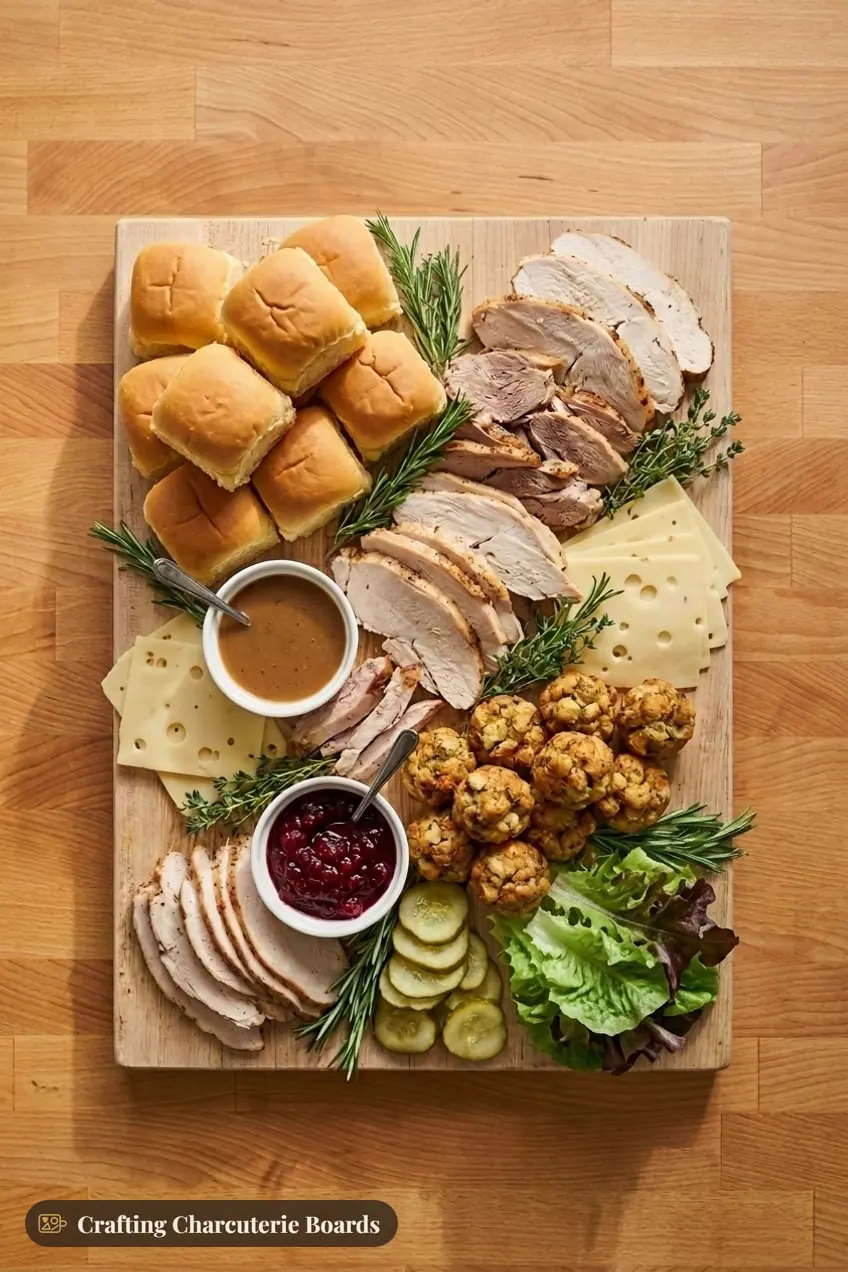 Thanksgiving leftovers slider board with rolls, sliced turkey, cranberry sauce, gravy and crispy stuffing balls