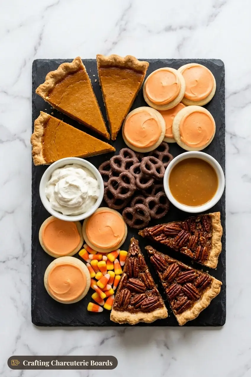 Thanksgiving dessert board with pumpkin and pecan pie slices, orange iced sugar cookies, chocolate pretzels, candy corn, caramel and whipped cream