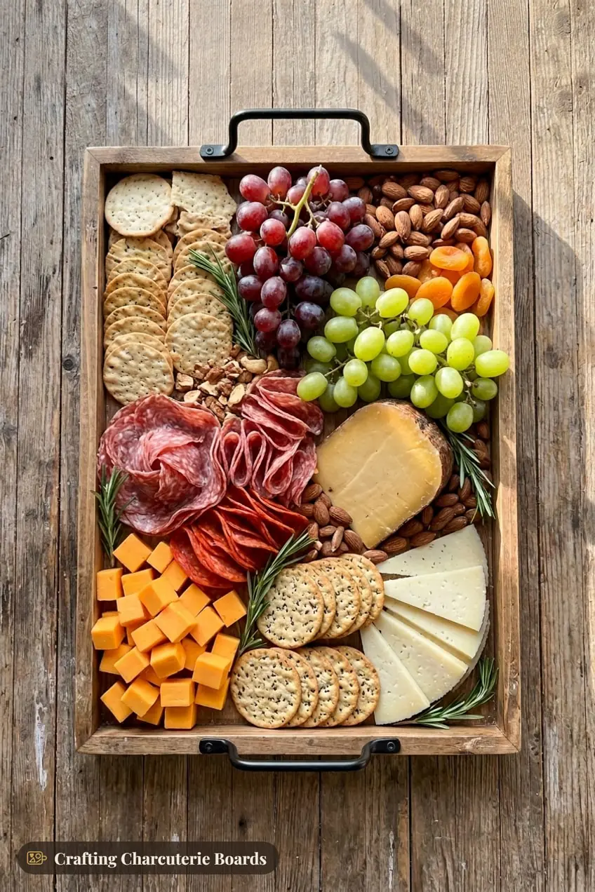 Friendsgiving charcuterie board on a tray with cheddar, gouda, manchego, salami, grapes, apricots and crackers