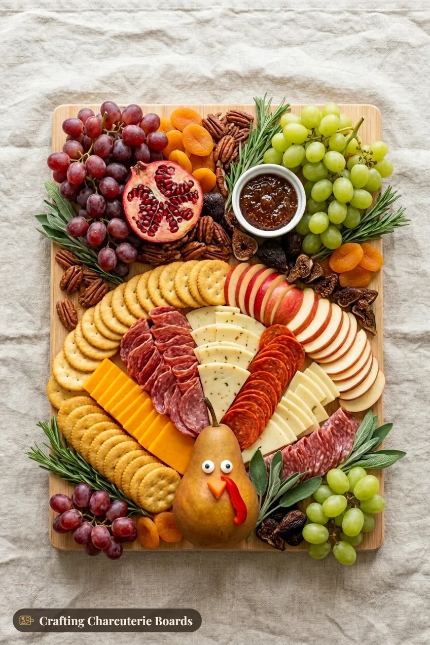 Large turkey charcuterie board with a pear turkey, fanned crackers, cheddar, salami and apples, figs, pomegranate and grapes