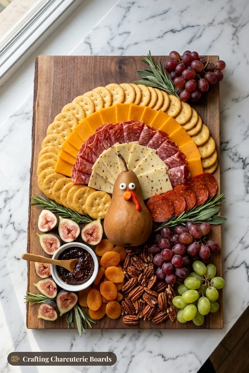 Classic turkey charcuterie board with a pear turkey, fanned crackers, cheddar and salami, figs, fig jam, apricots and pecans