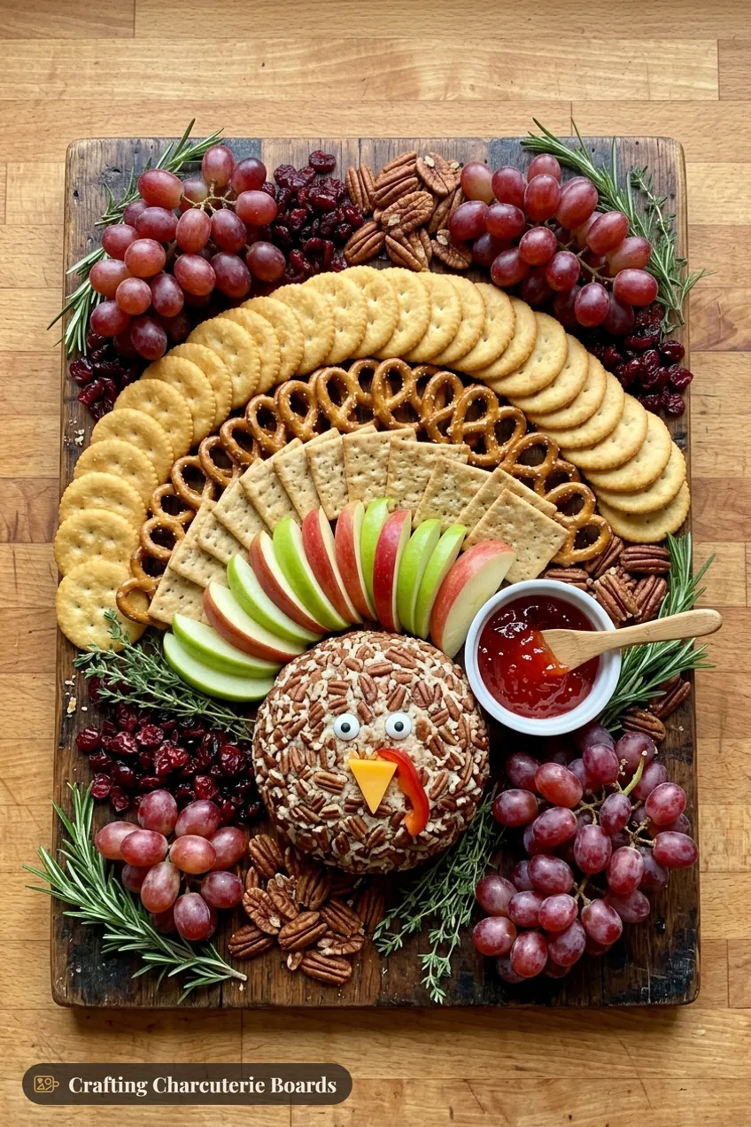 Cheese ball turkey board with a pecan cheese ball body, fanned crackers, pretzels, apple slices, pepper jelly and grapes
