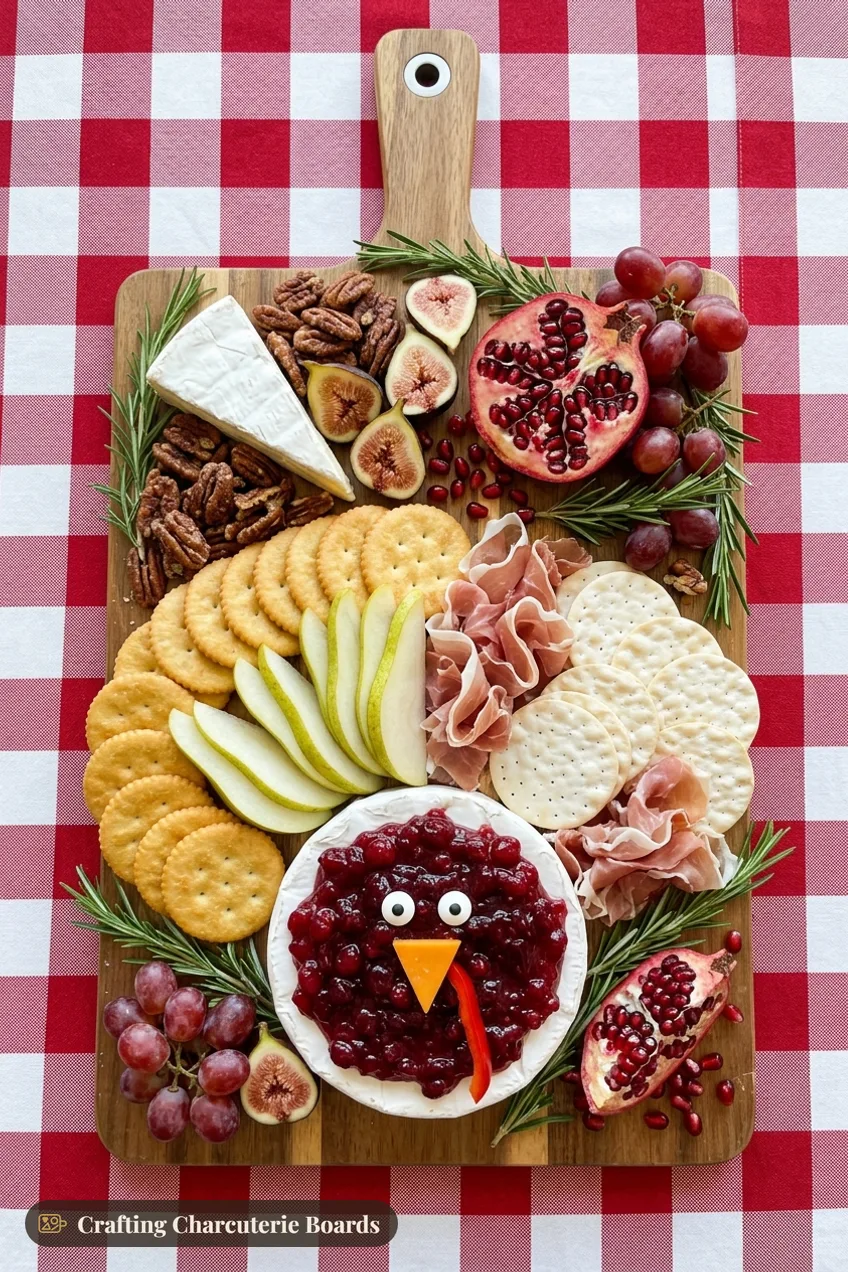 Cranberry brie turkey board with prosciutto, pear slices, crackers, half a pomegranate, figs and candied pecans