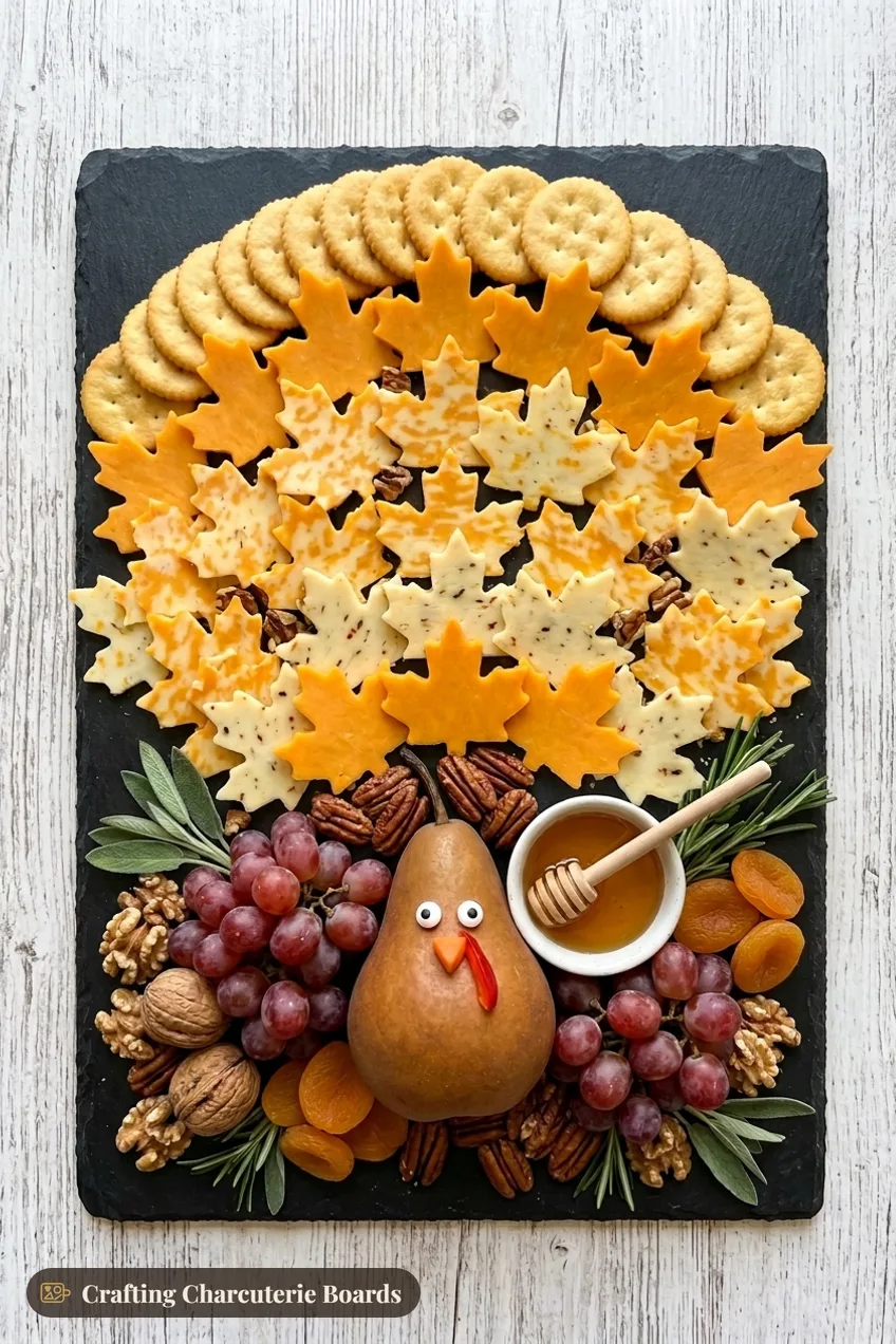 Fall leaf cheese turkey on a slate board with cheddar, Colby Jack and pepper jack leaves, a pear turkey, apricots and grapes