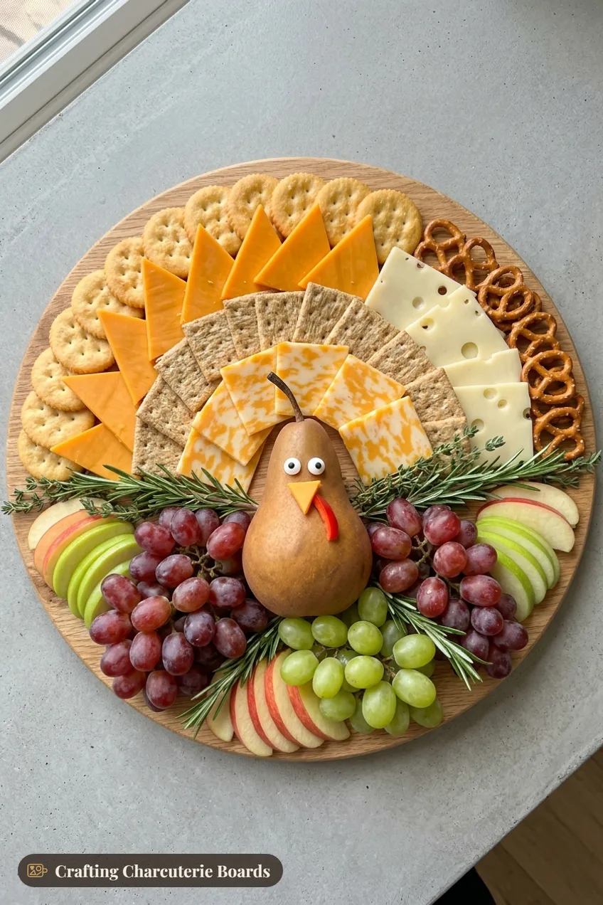 Budget turkey board with cheddar, Colby Jack and Swiss triangles, crackers, pretzels, apples and grapes around a pear turkey