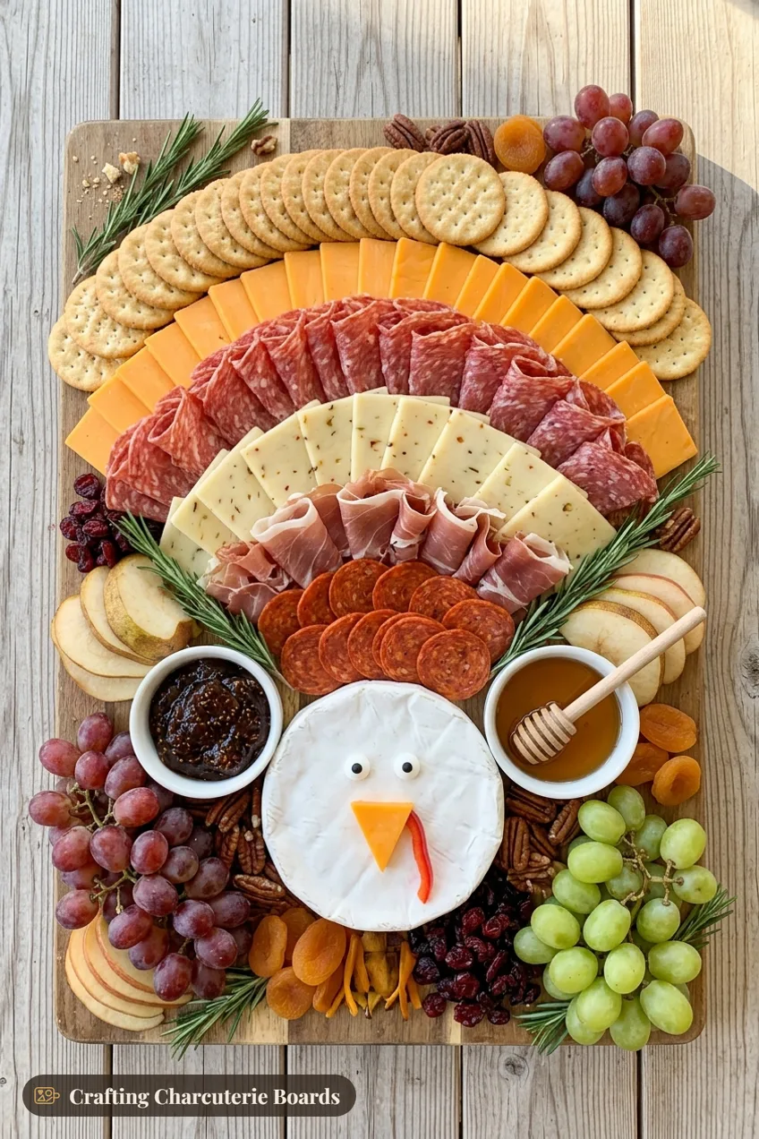 Large turkey grazing board with a brie body, bands of crackers, cheese, salami and prosciutto, fruit, nuts, jam and honey