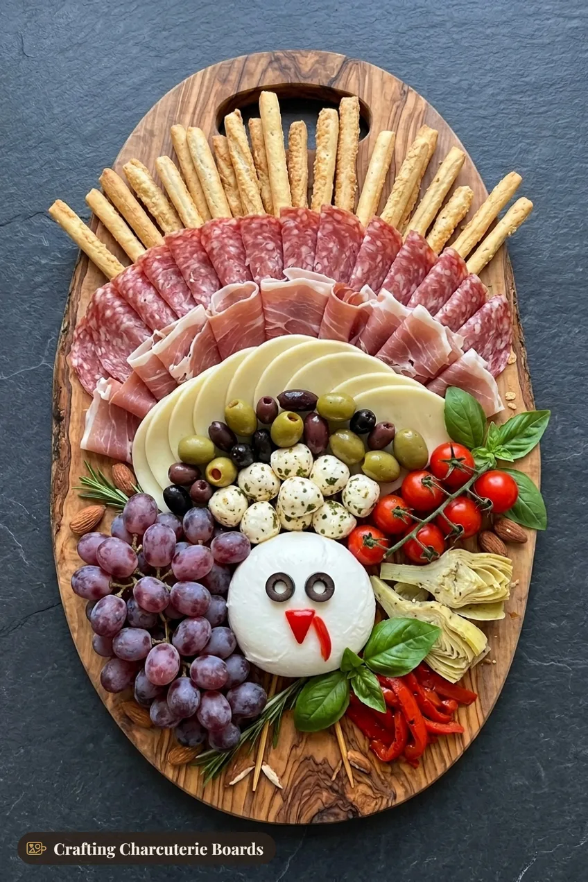 Italian antipasto turkey on an oval olive-wood board with breadsticks, provolone, salami, prosciutto, olives and mozzarella