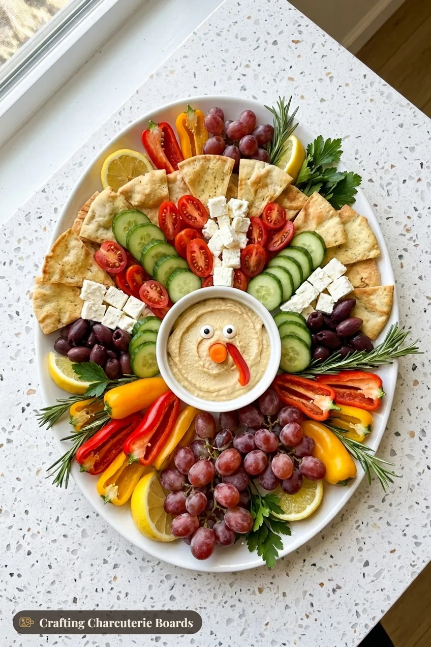 Mediterranean turkey platter with a hummus body, pita chips, cucumber, tomatoes, feta, olives, mini peppers and lemon