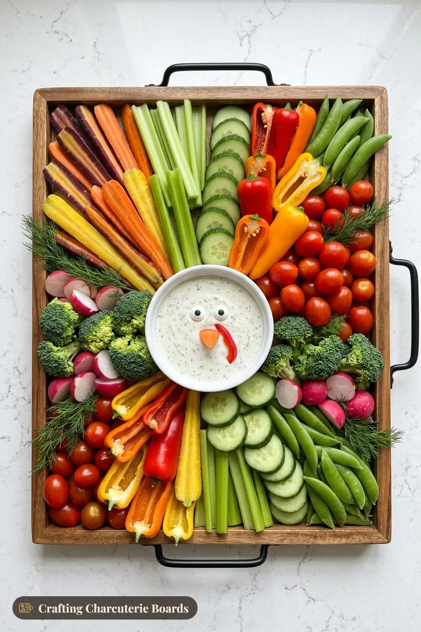 Veggie turkey tray with a ranch dip body, rainbow carrots, snap peas, mini peppers, cucumbers, tomatoes and a bowl of hummus