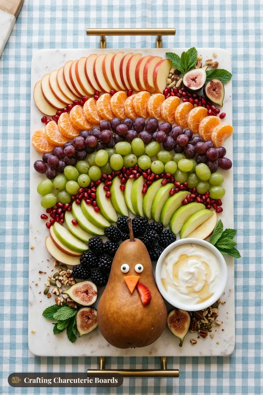 Fruit turkey on a marble slab with apples, clementines, grapes, blackberries, pomegranate, figs and a honey yogurt dip