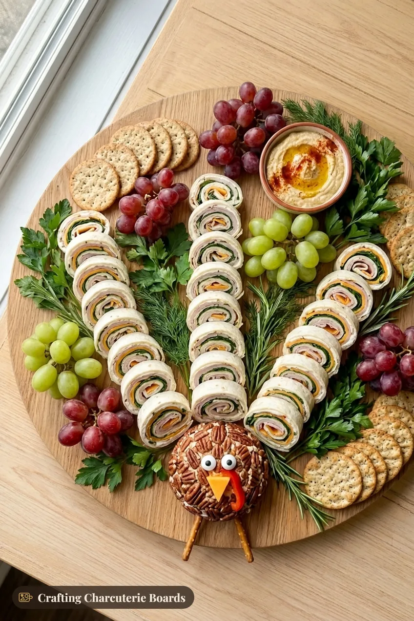 Pinwheel turkey board with turkey and spinach tortilla pinwheels, a pecan cheese ball body, grapes, crackers and hummus