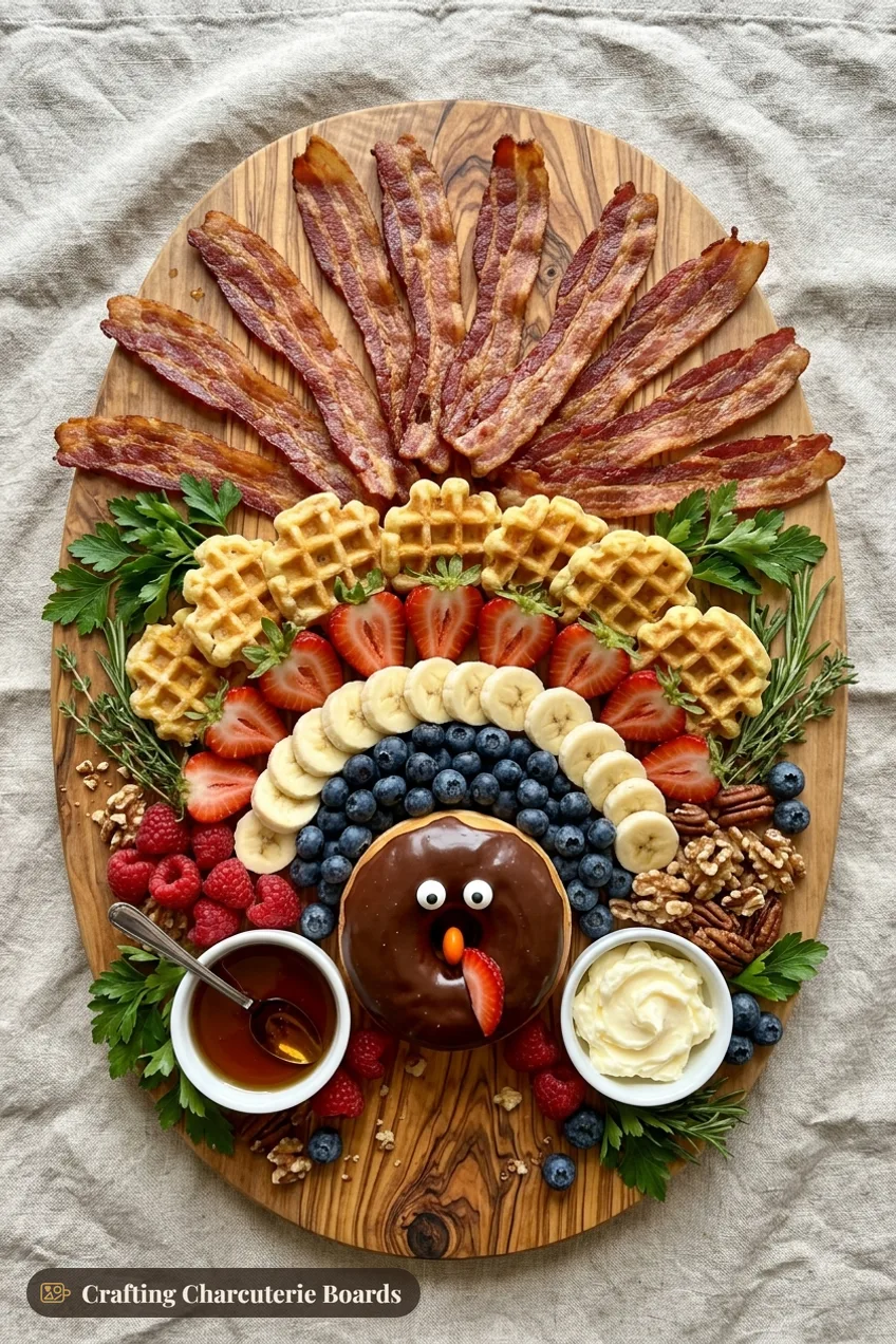 Breakfast turkey board with bacon strip feathers, mini waffles, strawberries, bananas, blueberries, raspberries and syrup