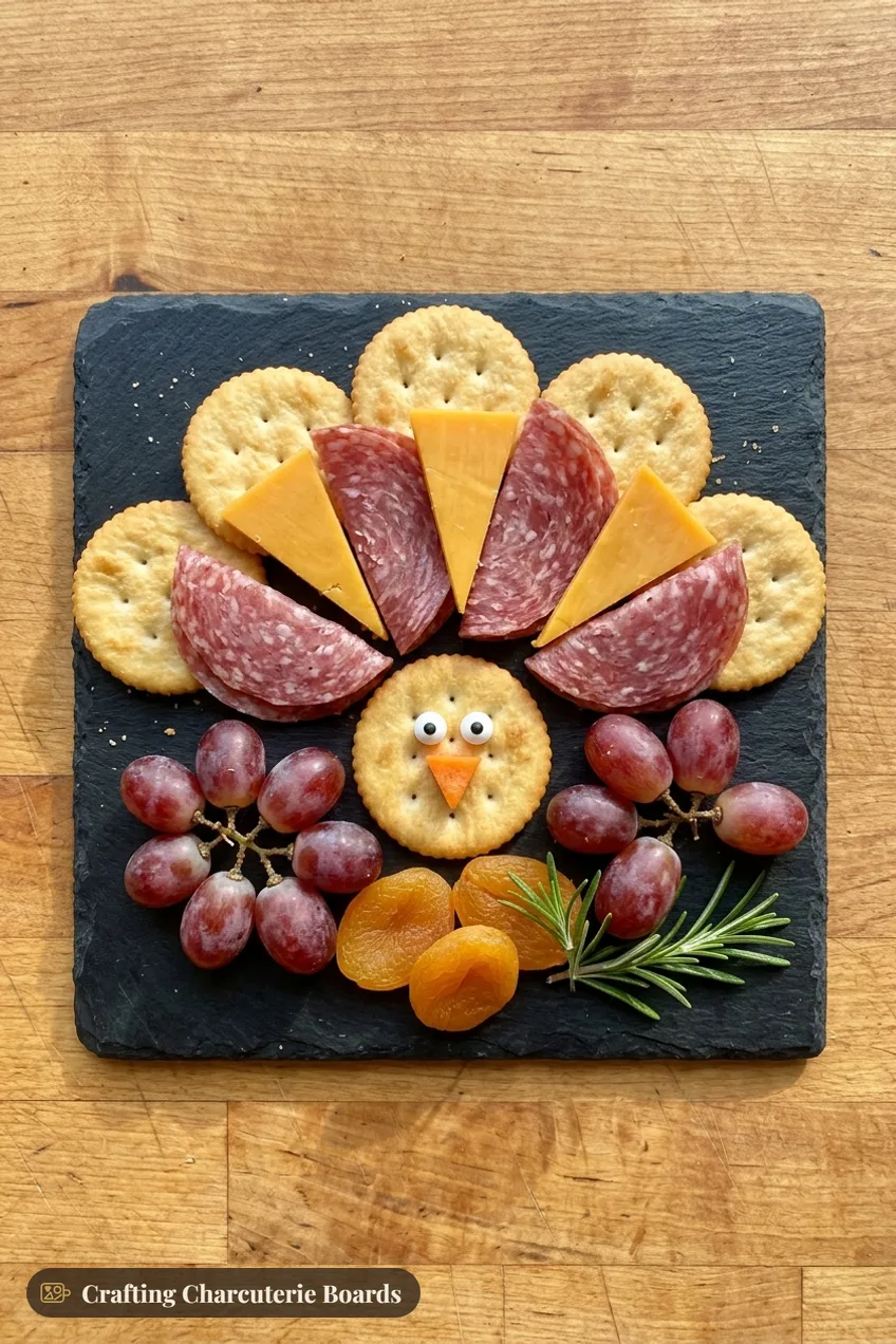 Mini individual turkey snack plate on slate with crackers, cheddar triangles, salami, grapes and a cracker turkey head