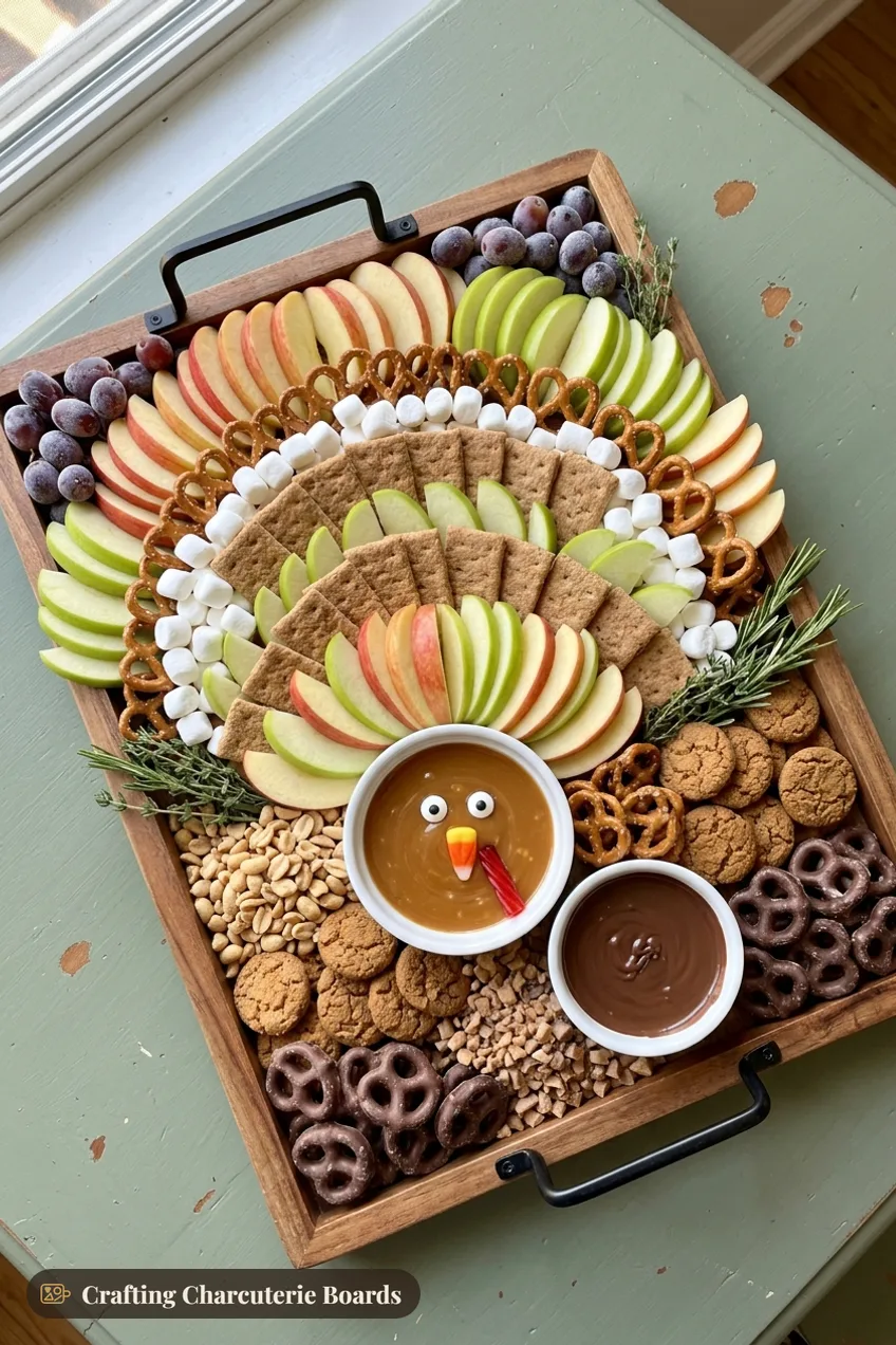 Caramel apple turkey on a wooden tray with apple slices, pretzels, graham crackers, marshmallows, caramel and chocolate dip