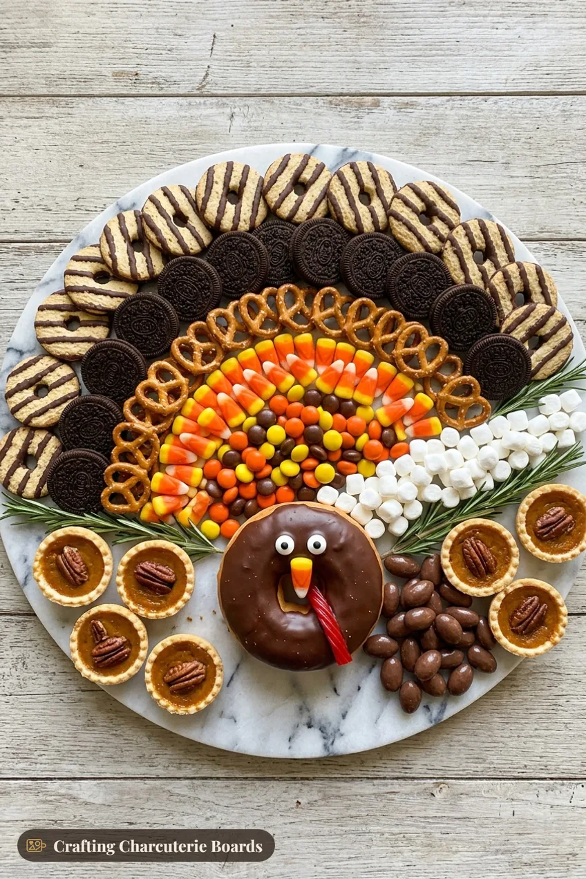 Dessert turkey board with fudge-striped cookies, sandwich cookies, candy corn, chocolates, marshmallows and mini tarts